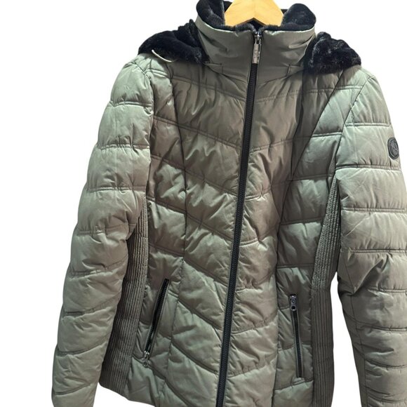 Nautica Jacket Womens Large Green Quilted Puffer Faux Fur Hood Water Resistant - Picture 4 of 14